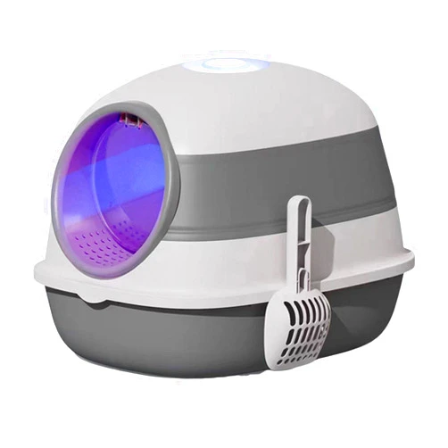 Ipetlore Cat Litter Box with Lid and UV, Portable Kitty Litter Box with Scoop, Private Space for Your Feline Friends-Grey
