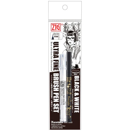 Kuretake Zig Inktober Black & White Ultra Fine Set, ai Liner Brush pen and White Brush pen set, Flexible Brush Tip, Professional Artist for, Illustration, Lettering, Drawing, Calligraphy