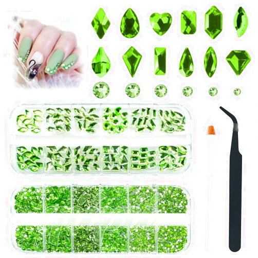 Qiipii 3180Pcs Light Green Nail Rhinestones Multi Shapes Crystal Grass Green Flatback K9 Glass Rhinestones Gems Round Beads Stones Diamonds jewels w Wax Pen for Nails Face Eye Mackup Clothes Shoes DIY