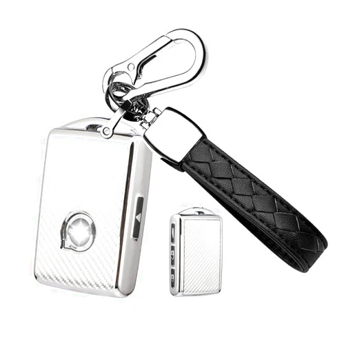 HIBEYO TPU Carbon Fiber Texture Car Key Fob Cover with Keychain fits for Volvo XC90 XC60 XC40 S60 S90 V90 V60 Polestar 1 T5 T6 Car Key Case Cover Jacket Smart Remote Car Key Holder 4 Button Silver