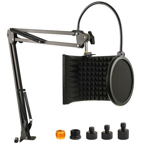 Frgyee Microphone Isolation Shield with Mic Stand and Pop Filter, Foldable Sound Shield for Most Condenser Microphone Recording Equipment Studio, High Density Absorbent Foam to Filter Vocal by Frgyee