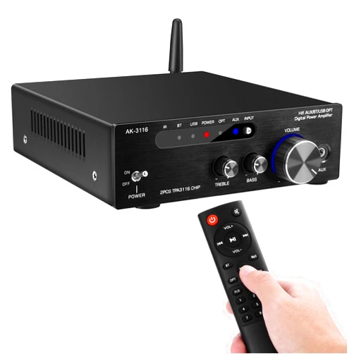 Daakro AK3116 Amplifier Stereo Receiver Bluetooth 5.0 Mini Power Amp 2 Channel 200W Mini Hi-Fi Class D Integrated Amp w/USB/Optical/BT/AUX Input for Home/Garage/Ceiling/Passive Speaker Theater System