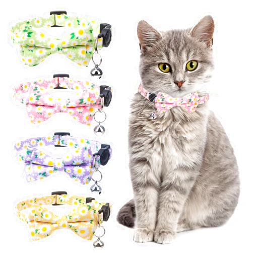 XLSXEXCL 4 Pcs Breakaway Cat Collar with Bow Tie and Bell Floral Cat Kitten Collar with Removable Bowtie Adjustable Safety Collars for Girl Cats