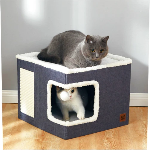 CATBOAT Cat Bed for Indoor Cats Cube House, Covered Cat Cave Beds & Furniture with Scratch Pad and Hideaway Tent, Cute Modern Cat Condo for Multi Small Pet Large Kitten Kitty, Grey