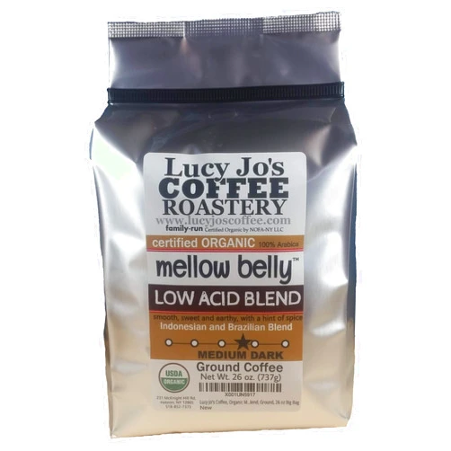 Lucy Jo's Coffee, Organic Mellow Belly Low Acid Blend, Medium Dark Roast, Ground, 26 Oz