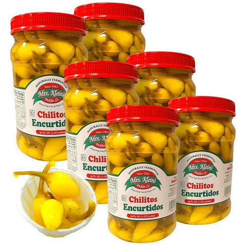 Mrs. Klein's Yellow Hot Chilies — Natural Pickled Yellow Chili Peppers with a Hot Flavor — Crunchy Cascabella Chilies are Picked Fresh and Packaged in a Spicy Pickle Brine — 32 oz - 6 Pack