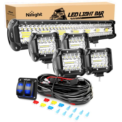 Nilight 20Inch 420W Triple Row Spot Flood Combo Led Light Bar Work Driving Lamp 4Pcs 4Inch 60W Cube LED Pods Lights with Wiring Harness Kit for Trucks Jeeps ATVs UTVs Motorcycles Ships Yachts-5 Leads