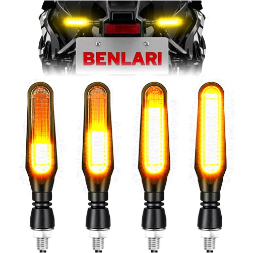 Benlari 4PCS Flowing LED Motorcycle Turn Signals 12V Super Bright Universal Sequential Front Rear Turn Signal Lights Waterproof IP67 Compatible with Harley Honda Yamaha Triumph Suzuki Kawasaki