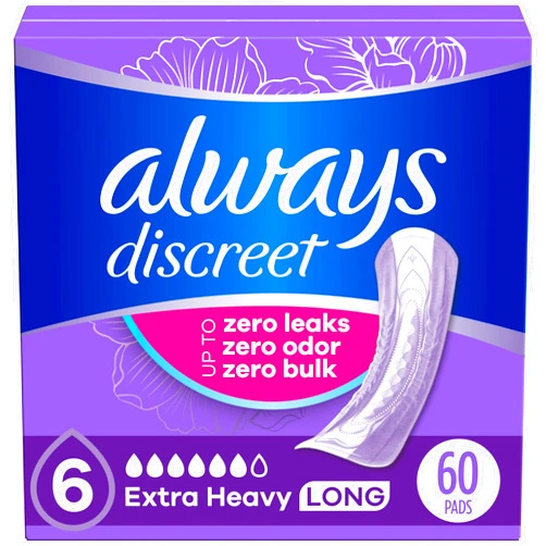 Always Discreet Adult Incontinence Pads for Women, Extra Heavy Absorbency, Regular Length, Postpartum Pads, 60 Count