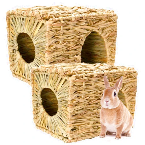 Auto-plaza Foldable Grass Woven Animal Hut Bunny House Play Hideaway Bed Mat Chew Toy for Rabbit Guinea Pigs Gerbils Hamster (12