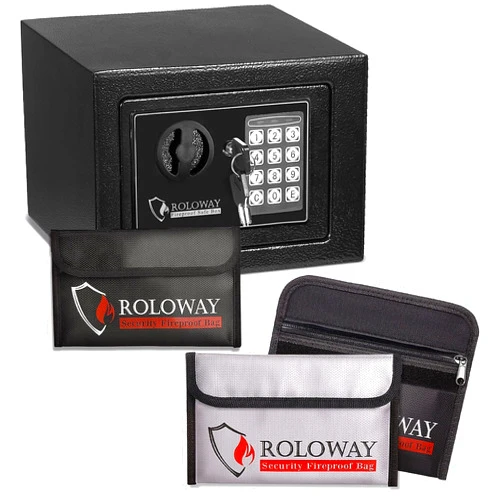 ROLOWAY Steel Small Money Safe Box Black with Fireproof Money Bag for Cash and Fireproof Money Bags (2-Pack)