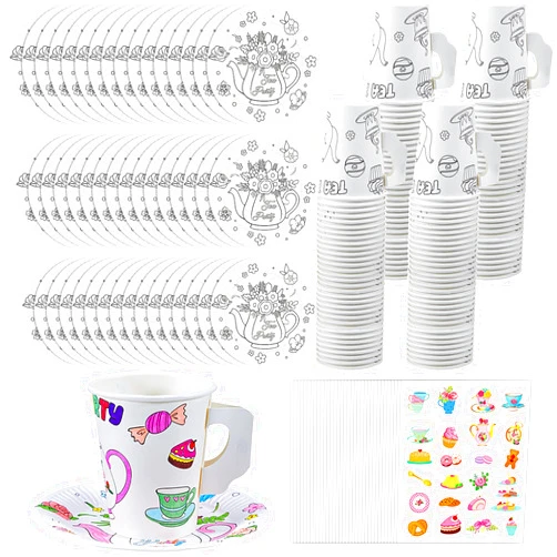 Lenwen 24 Set Color Your Own Tea Party Cups with Handle, DIY Coloring 8 oz Treat Paper Cups and Plates Snack Dessert Ice Cream Teacup Includes Stickers for Party, Decoration and Crafts (Floral)