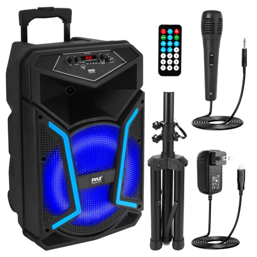 Pyle Portable Bluetooth PA Speaker System - 800W Outdoor Bluetooth Speaker Portable PA System w/ Microphone In, Party Lights, MP3/USB, FM Radio, Rolling Wheels - Mic, Remote - Pyle PPHP122SM,Black