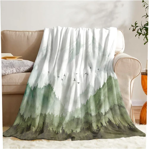 Neasow Watercolor Mountain Forest Fleece Throw Blanket, Nature Misty Foggy Sage Green Tree Landscape Art Nap Blankets Gift Sofa Bed Couch Chair or Dorm Throws 40×50 inches