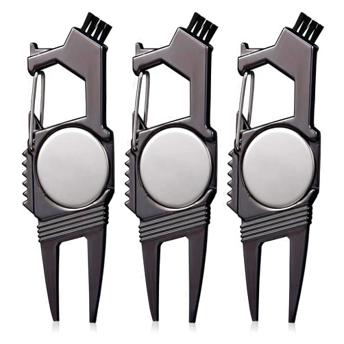 Poen 3 Pcs 7 in 1 Multipurpose Golf Divot Tool Golf Divot Repair Tool Lightweight Compact Golf Tool with Magnetic Golf Ball Marker, Bottle Opener, Club Brush, Groove Cleaner for Golf Lovers (Black)