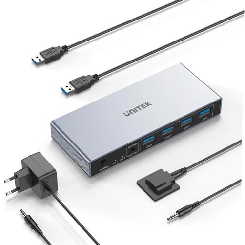 Unitek DP KVM Switch 1 Monitor 2 Computers USB 3.0 4K@60Hz KVM Switches 4 USB Ports for 2 Computers Sharing Monitor Keyboard Mouse Hard Drives EDID Adaptive 2 USB Cable DC5V Adapter and Controller