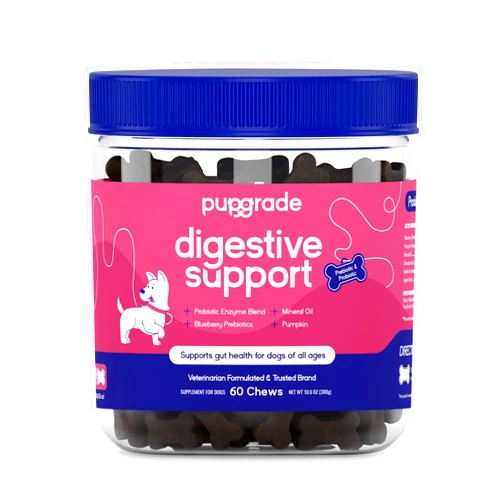 PupGrade Digestive Support Chews for Dogs - Prebiotic and Probiotic Supplement with Enzyme Blend - Upset Stomach, Diarrhea, Bowel, and Immune Support - Pumpkin, Blueberry, Mineral Oil - 60 Soft Chews