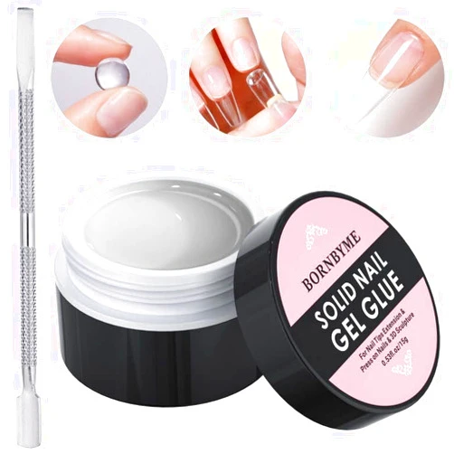 BORNBYME Solid Gel Nail Glue, BORNBYME 5 in 1 Glue Gel for Acrylic Nail Tips Press on Nails,3D Sculpture Gel, Rhinestone Glue Gel, Metallic Gel