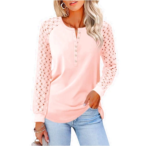 Minetom Women's Lace Long Sleeve Tops Henley Shirts Casual Blouses T Shirts Fall Clothes