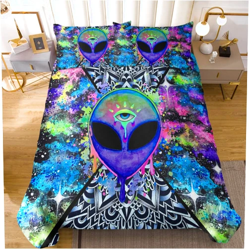 Sleepwish Brizbazaar Trippy Alien Duvet Cover & Bed Set - Queen Size, Psychedelic Space Watercolor Colorful Alien Skull, 3 Piece Bedspreads for Him & Her (Blue Black)