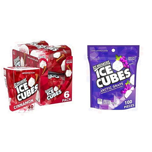 ICE BREAKERS Ice Cubes Cinnamon Sugar Free Chewing Gum Bottles (6 Count, 40 Pieces) and ICE BREAKERS Ice Cubes Arctic Grape Sugar Free Chewing Gum Pouch (100 Pieces)