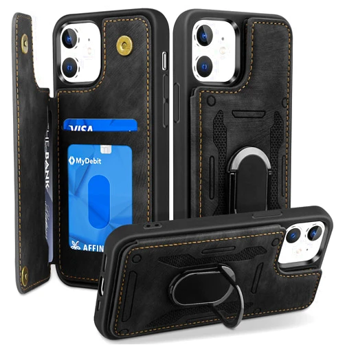 Bizzib Petocase for iPhone 12/12 Pro Magnetic Closure Wallet Case with Ring Holder, Slim Fit Flip Premium Protective PU Leather Case with Card Slot Shockproof Compatible with Apple iPhone 12 6.1inch Black