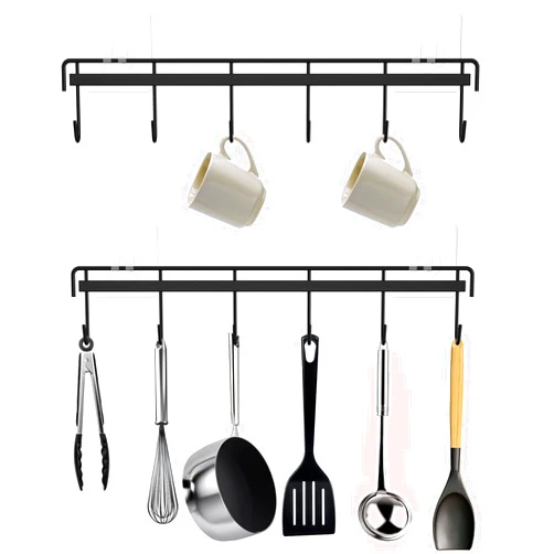 HOMEBROS Kitchen Utensil Hanger, Black Adhesive Utensil Holder Wall Mount Kitchen Utensil Rack Rail with 12 Kitchen Hooks Space Saving No Drilling for Kitchen Pantry Camper 2 Pcs