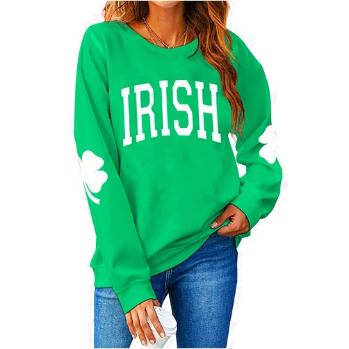 TAOHONG Women St. Patrick's Day Sweatshirts Shamrock Shirt Clover Printed Long Sleeve Irish Gift Casual Loose Fit Tops