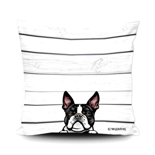 MALIHONG Dog Throw Pillow Cover Cute Peeking Dog Boston Terrier Wooden Background Simple Modern Pillowcase for Sofa Bed Home Decor 18x18 Inch