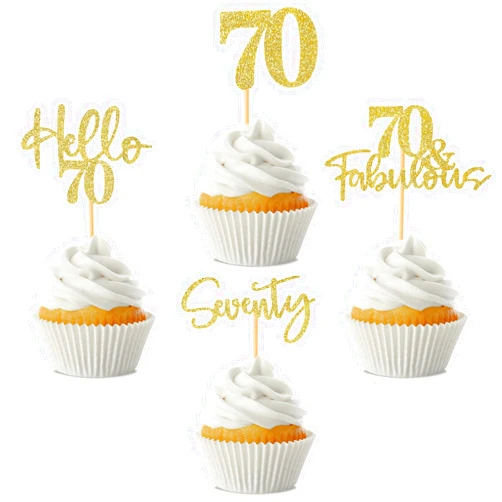 Hengmerry 48Pcs 70th Birthday Cupcake Toppers Glitter Hello 70 Cupcake Topper 70 Fabulous Seventy Cupcake Picks for Happy 70th Birthday Wedding Anniversary Party Cake Decorations Supplies, Gold