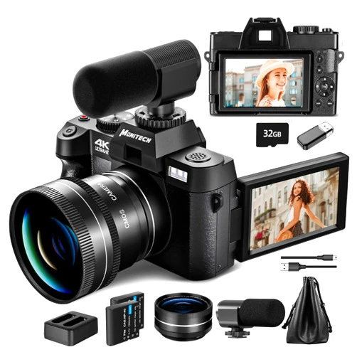 Monitech Mo Digital Cameras for Photography & 4K Video, 48 MP Vlogging Camera for YouTube with 180° Flip Screen,16X Digital Zoom,Flash & Autofocus,52mm Wide Angle & Macro Lens,2 Batteries,32GB SD Card(Black)