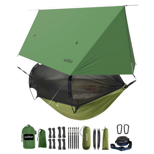 Sunyear Camping Hammock with Net and Hammock Tent Rain Fly Bundle - Perfect for Hiking, Backpacking, Outdoor Sleeping and Camping Survival