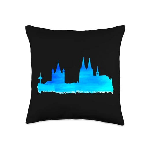 Beautiful Cologne Designs For Cologne Lovers Cathedral Blue Painting Silhouette Cologne Skyline Throw Pillow, 16x16, Multicolor