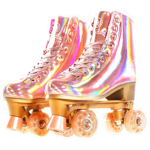 JajaHoho Roller Skates for Women, Holographic High Top PU Leather Rollerskates, Shiny Double-Row Four Wheels Quad Skates for Girls and Age 8-50 Indoor (Pink Rose Gold)