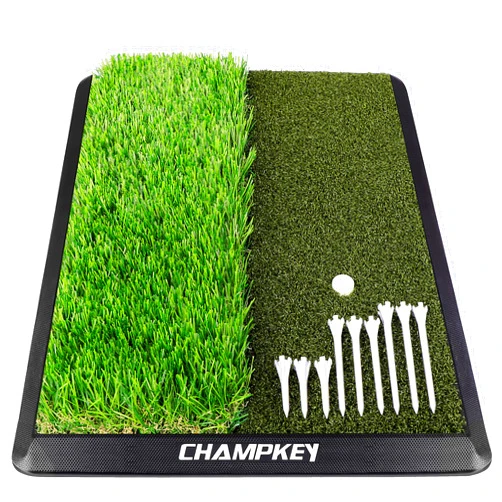 CHAMPKEY Dual-Turf Golf Hitting Mat | Come with 9 Golf Tees & 1 Rubber Tee | Heavy Duty Rubber Backing Golf Practice Mat Ideal for Indoor & Outdoor Training