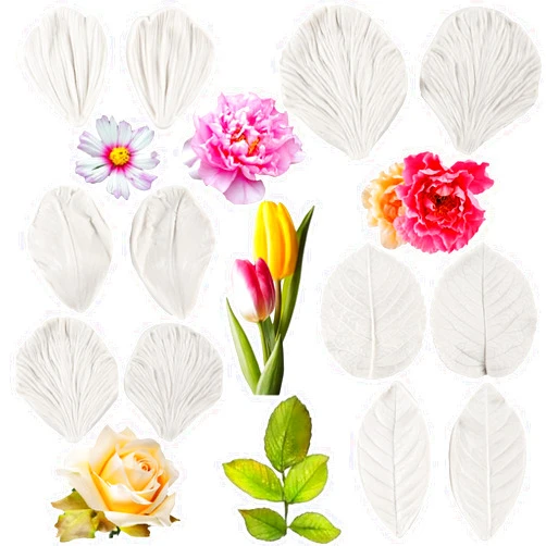 FCKEMLDS Gumpaste Flower Silicone Veining Mold Rose Veined Fondant Mold Gum Paste Peony Flower Mold Tulip Daisy Flower Molds For Sugar Craft Cake Decorating Candy Polymer Clay Set of 6