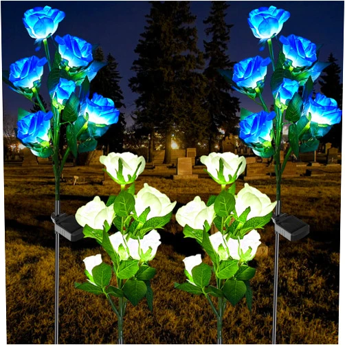Woanger 4 Pcs Solar Flowers Cemetery Grave Decorations Outdoor LED Flower Lights with 6 Rose Powered Garden Stake Lights Waterproof for Independence Day Grave Decorations(Blue, White)