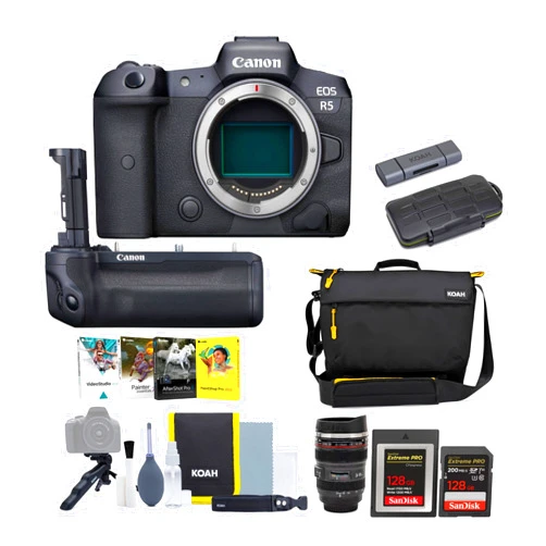 Canon EOS R5 Mirrorless Digital Camera Bundle with Canon BG-R10 Battery Grip, 128GB Type B CFexpress Card, Camera Bag, 128GB SDXC Memory Card, Software Suite, and Accessories (9 Items)