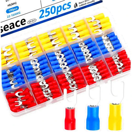 smseace 250Pcs #8 Fork Spade Connectors 22-16/16-14/12-10 AWG Fork Terminal Connectors Insulated Wire Fork Connectors U-Type Crimp Terminal Cnnectors