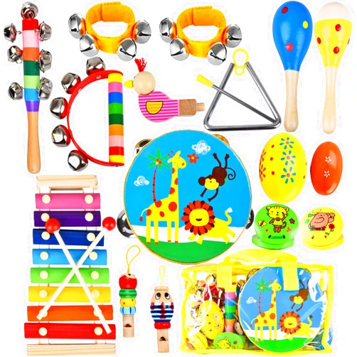 INLAIER Kids Musical Instruments Set, 20 Pcs Wooden Shakers Percussion Instruments Tambourine Xylophone Toys, Child Early Learning Musical Toys for Boys and Girls Gifts Present with Carrying Bag