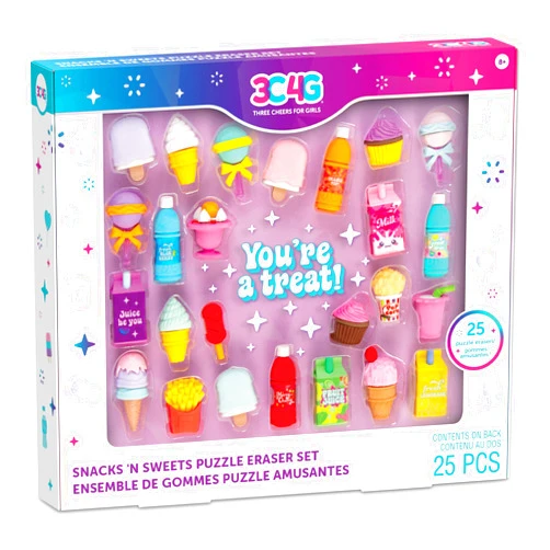 Make It Real 3C4G: Snacks 'N Sweets Puzzle Eraser Set - 25 Food-Shaped Puzzle Erasers, Pull Apart & Put Back Together, Three Cheers for Girls, Kids Ages 8+