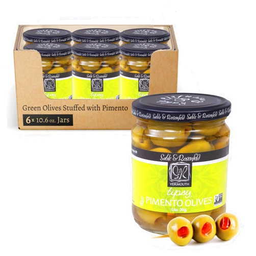 Sable & Rosenfeld Vermouth Tipsy Pimento Olives for Martinis 10.6 oz Jar (Pack of 6), Spanish Colossal Olives, Kosher, Non-GMO, Gluten-Free Cocktail Garnish