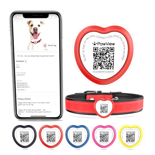 PawView Slide On Dog Tags Personalized for Pets, NFC & QR Code Pet Tag, Silent Silicone Cat Tag for Collars&Harnesses - Scan Alert | Instant Location | Pet Profile | Pet APP Control, Heart-shaped,1 PC