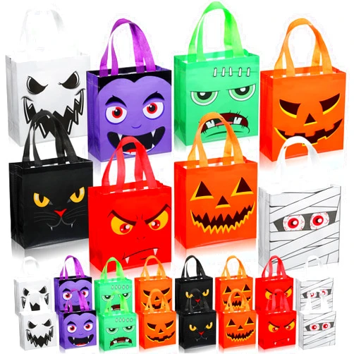 Windyun 48 Pcs Halloween Non Woven Bags Reusable Trick or Treat Tote Gift Bag Pumpkin Ghost Bag Multifunctional Halloween Bags with Handle for Halloween Birthday Party Favors