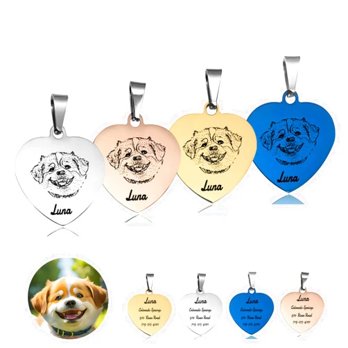 ERWLH Personalized Pet Mom Gifts Custom Portrait tag（Heart, with Engraved Sketch Photo Personalized Dog Cat ID tag for Animal Lover，Available in Gold, Silver, Rose Gold, and Blue