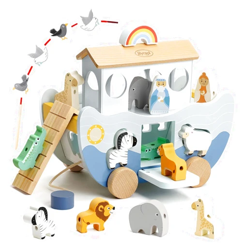 Joyreal Wooden Noah's Ark Toy for 1 Year Old Baby Boy and Girl Baptism Gift - Neutral Color Montessori Educational Toy with Animal Shape Sorter - Christian Toys for Toddler 1-3 Christmas Birthday Gift