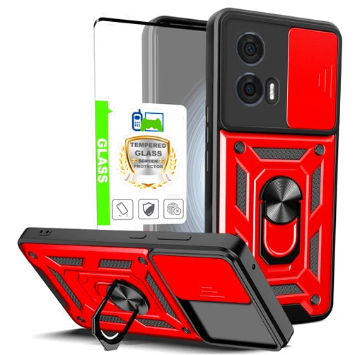 Telegaming for Motorola Edge 2024 Case with Tempered Glass Screen Protector, Military Grade Ring Kickstand Holder Shockproof Protective Armor Cover Shockproof - Red