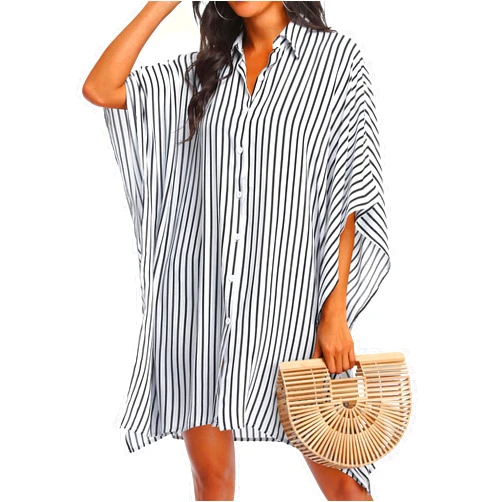 Ekouaer Women's Swimsuit Cover Up 3/4 Sleeve Beachwear Bikini Coverups Button Down Oversized Cover Up Shirt S-3XL