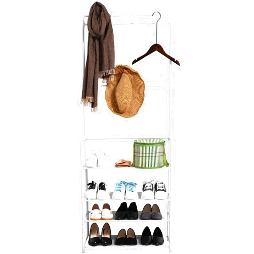 Quekuin Coat rack Shoe rack with 8 removable hooks, coat rack with 4-layer shoe cabinet, coat rack for the living room corridor behind the door (White)