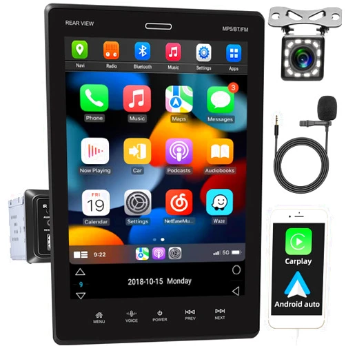 Podofo Single Din Car Radio Support Carplay Android Auto 9.5 Inch Rotatable Touch Screen Car Stereo with Mirror Link Bluetooth FM Support TF/USB Rear View Camera Steering Wheel Controls